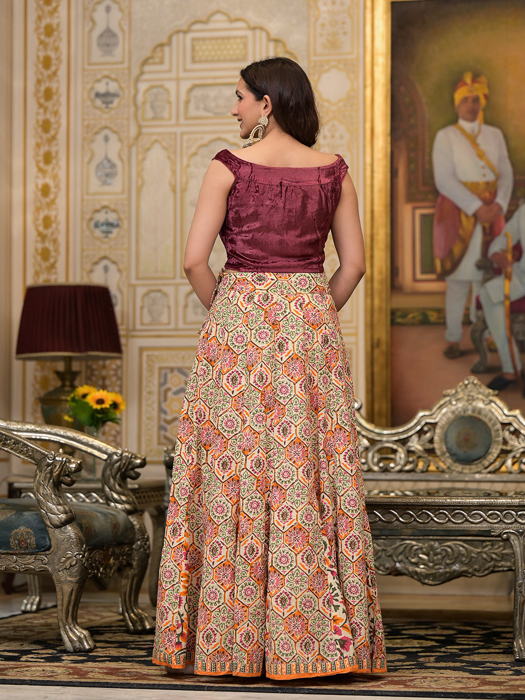 Beige Lehenga Choli with velvet Blouse - Elganza