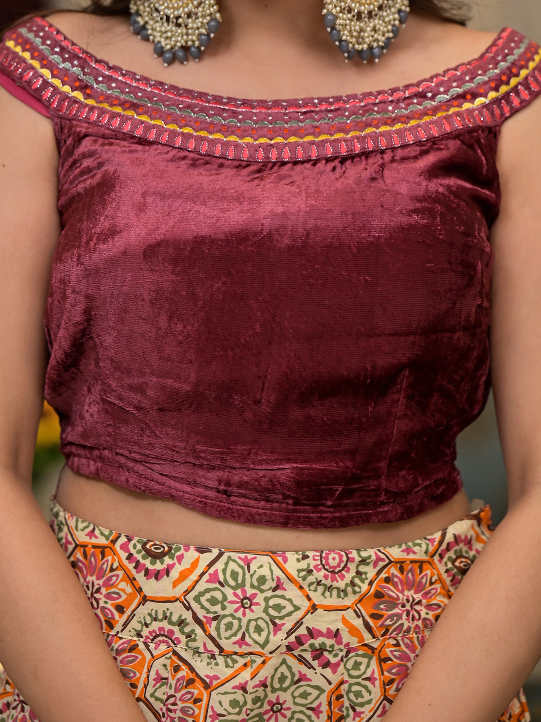 Beige Lehenga Choli with velvet Blouse - Elganza