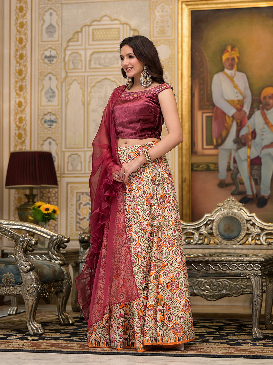 Beige Lehenga Choli with velvet Blouse - Elganza