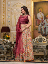 Beige Lehenga Choli with velvet Blouse - Elganza