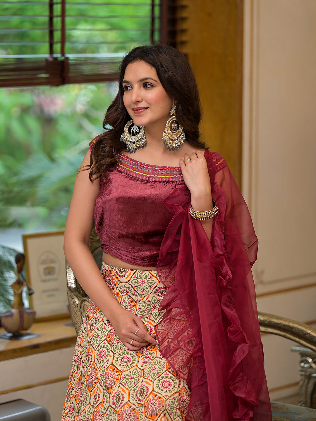 Beige Lehenga Choli with velvet Blouse - Elganza