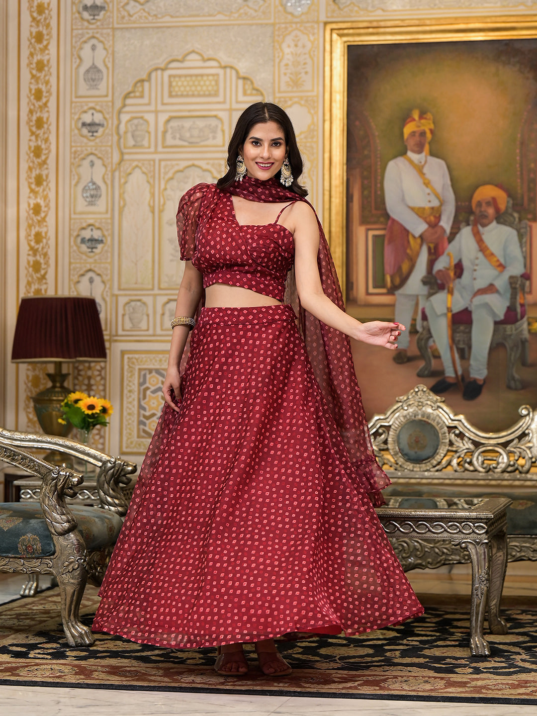 Maroon Bandhani Print Lehenga Choli - Elganza