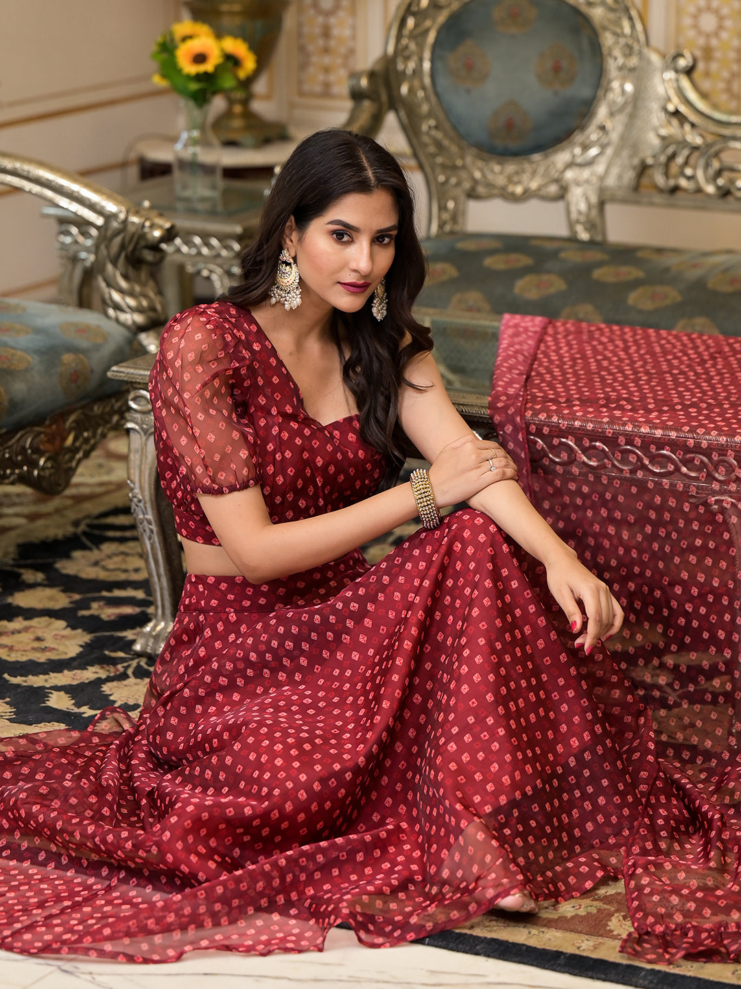 Maroon Bandhani Print Lehenga Choli - Elganza