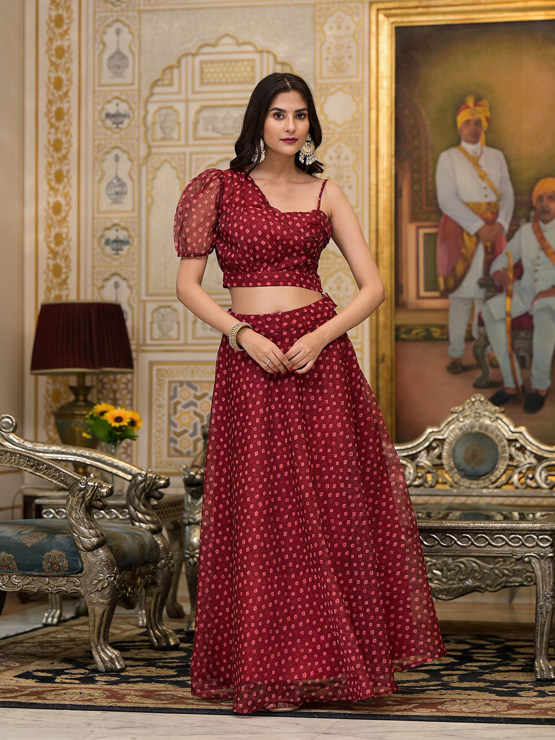 Maroon Bandhani Print Lehenga Choli - Elganza
