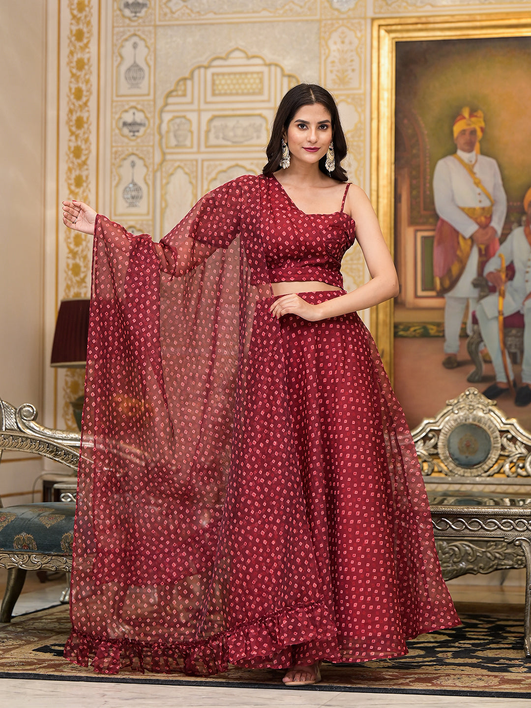 Maroon Bandhani Print Lehenga Choli - Elganza