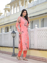 Peach Kurta Set with yoke design - Elganza