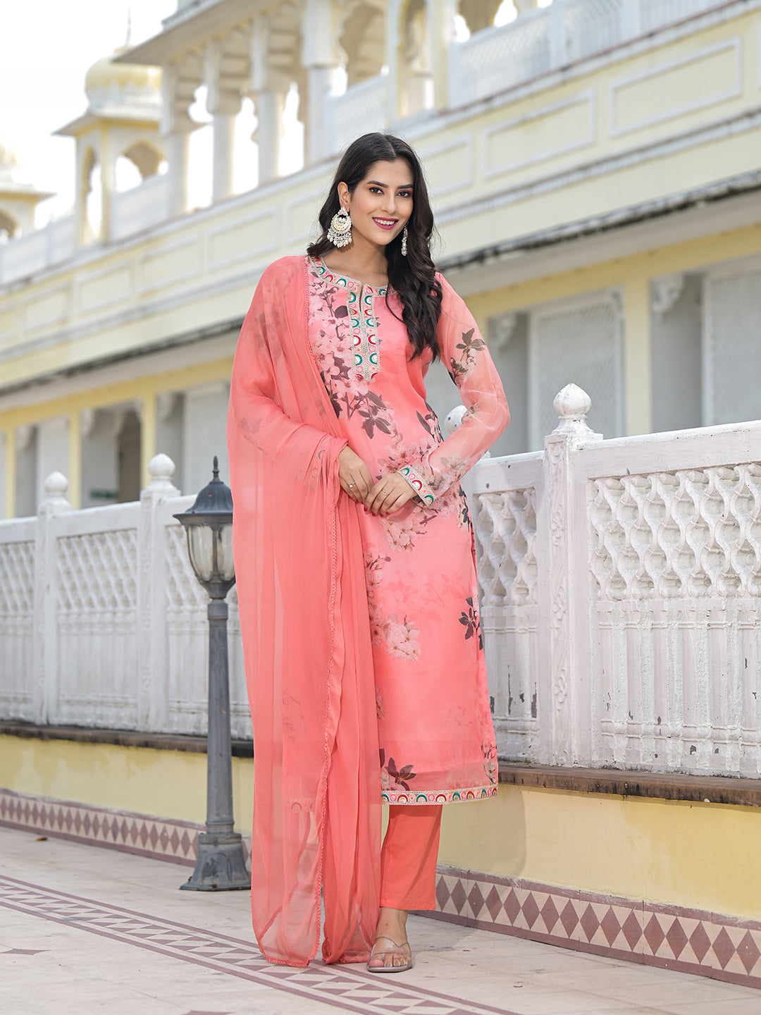 Peach Kurta Set with yoke design - Elganza