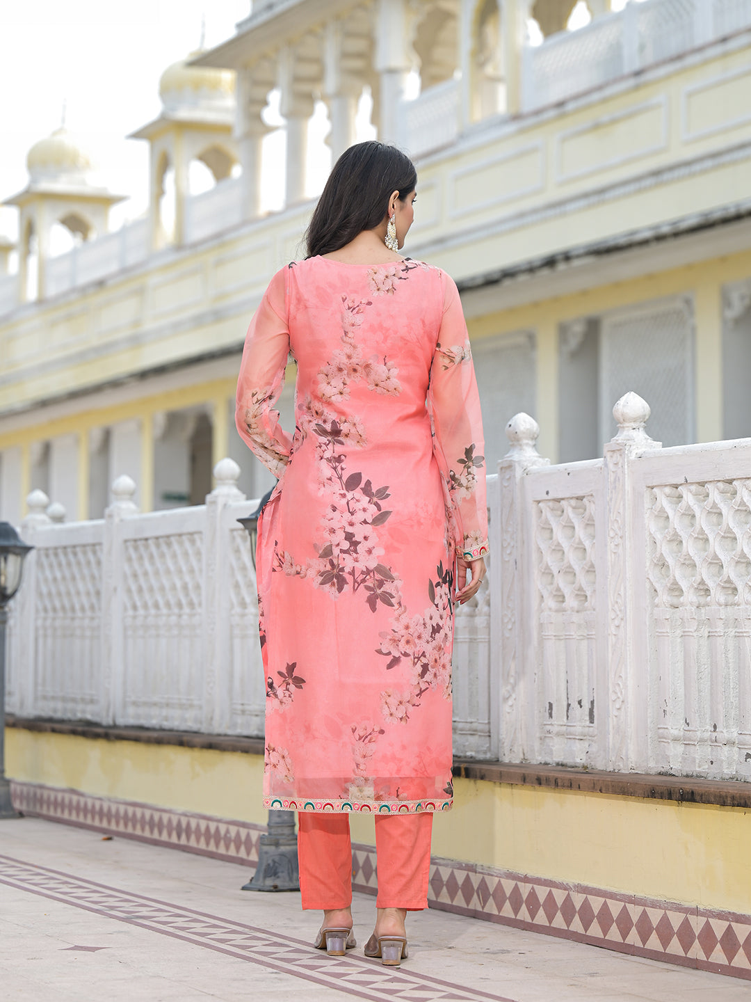 Peach Kurta Set with yoke design - Elganza