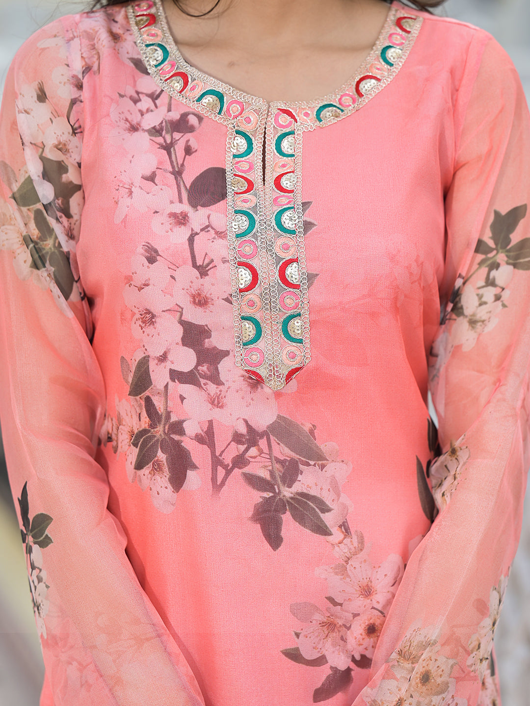 Peach Kurta Set with yoke design - Elganza