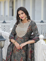 Grey Bandhani Kurta Set with embroidered patch on yoke - Elganza