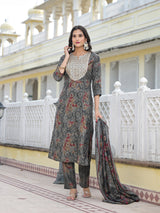 Grey Bandhani Kurta Set with embroidered patch on yoke - Elganza