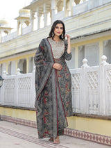 Grey Bandhani Kurta Set with embroidered patch on yoke - Elganza