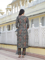 Grey Bandhani Kurta Set with embroidered patch on yoke - Elganza