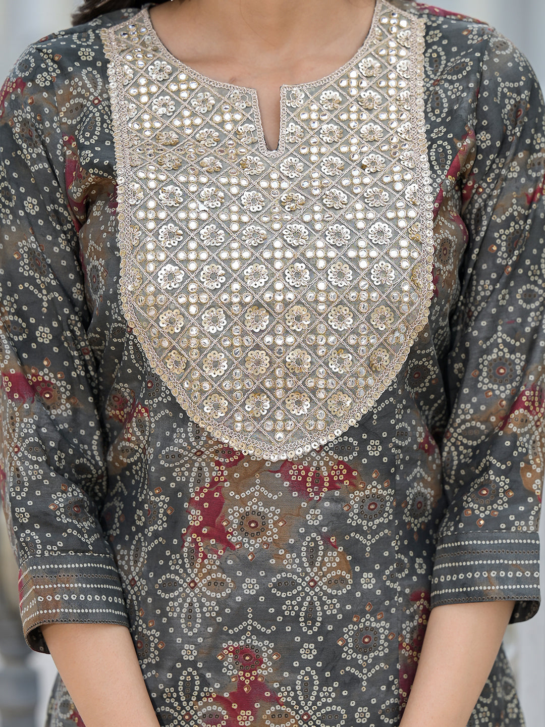 Grey Bandhani Kurta Set with embroidered patch on yoke - Elganza