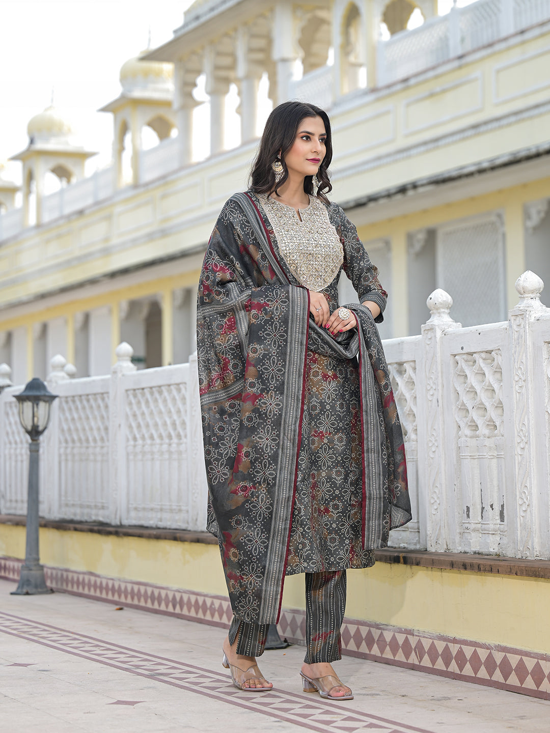Grey Bandhani Kurta Set with embroidered patch on yoke - Elganza