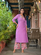 Lavender Kurta Set with collar - Elganza