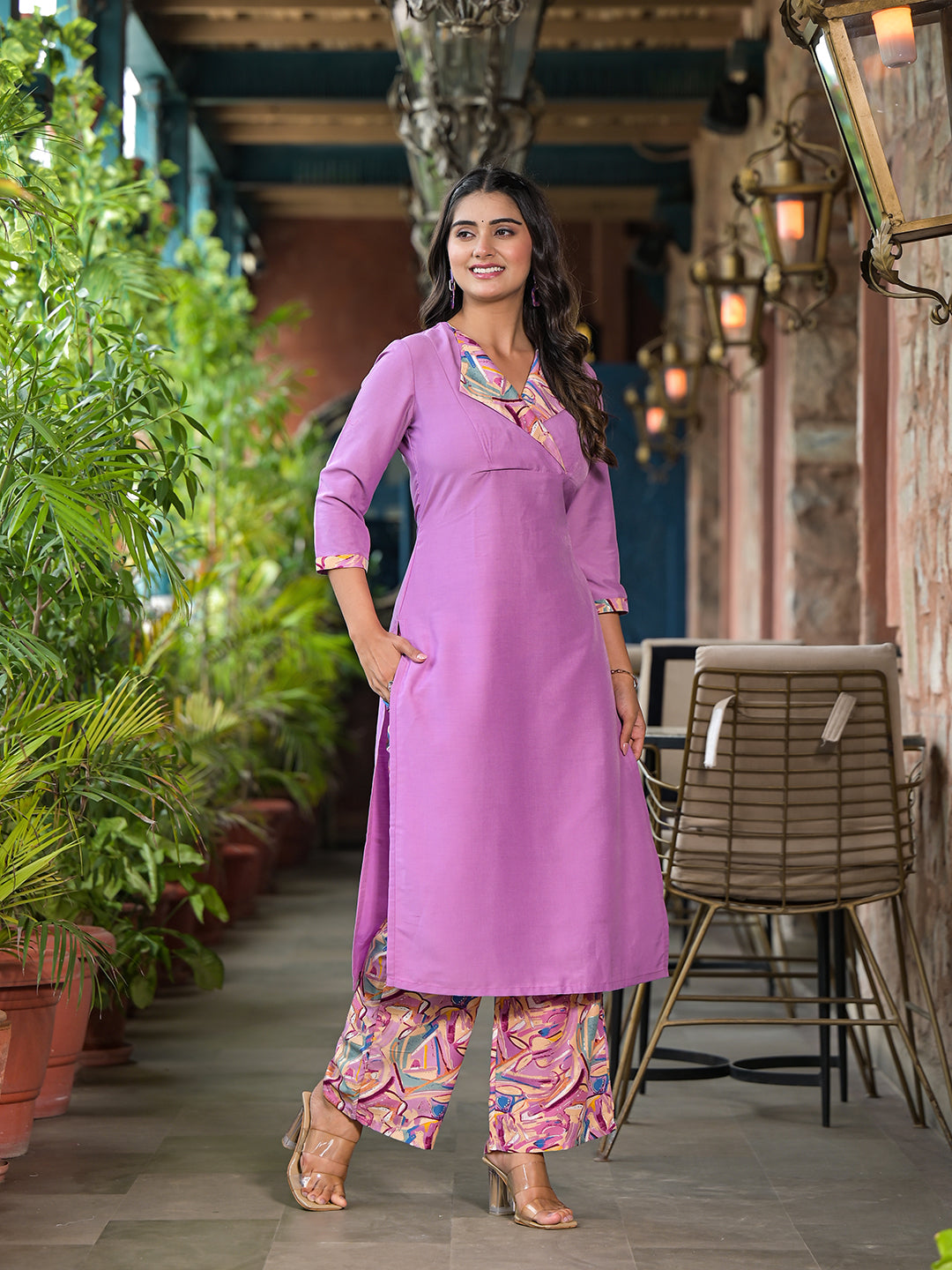 Lavender Kurta Set with collar - Elganza