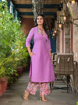 Lavender Kurta Set with collar - Elganza