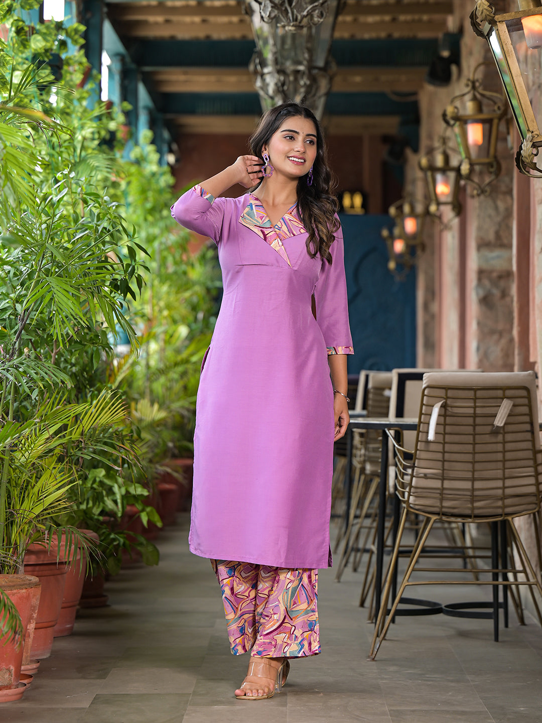 Lavender Kurta Set with collar - Elganza