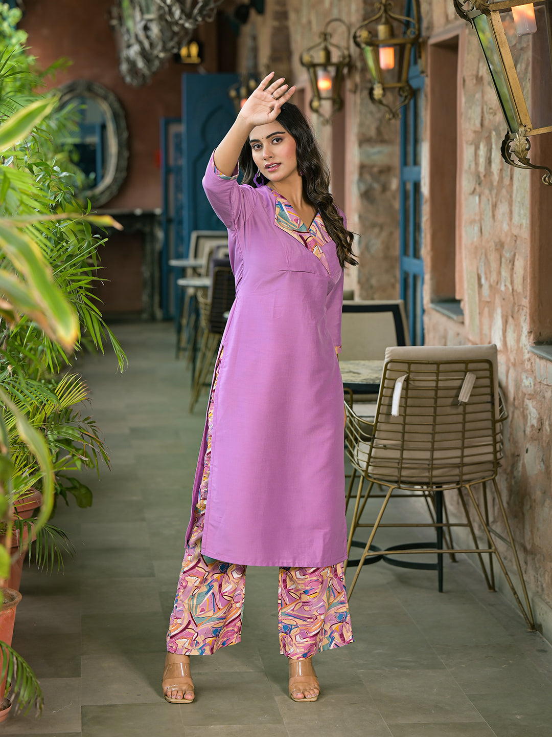 Lavender Kurta Set with collar - Elganza