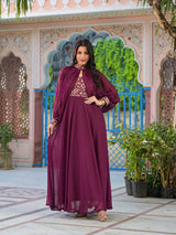 Wine Maxi Dress With Flared Sleeve - Elganza