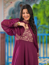 Wine Maxi Dress With Flared Sleeve - Elganza