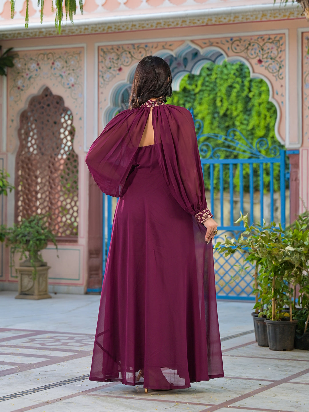 Wine Maxi Dress With Flared Sleeve - Elganza