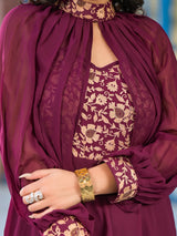 Wine Maxi Dress With Flared Sleeve - Elganza