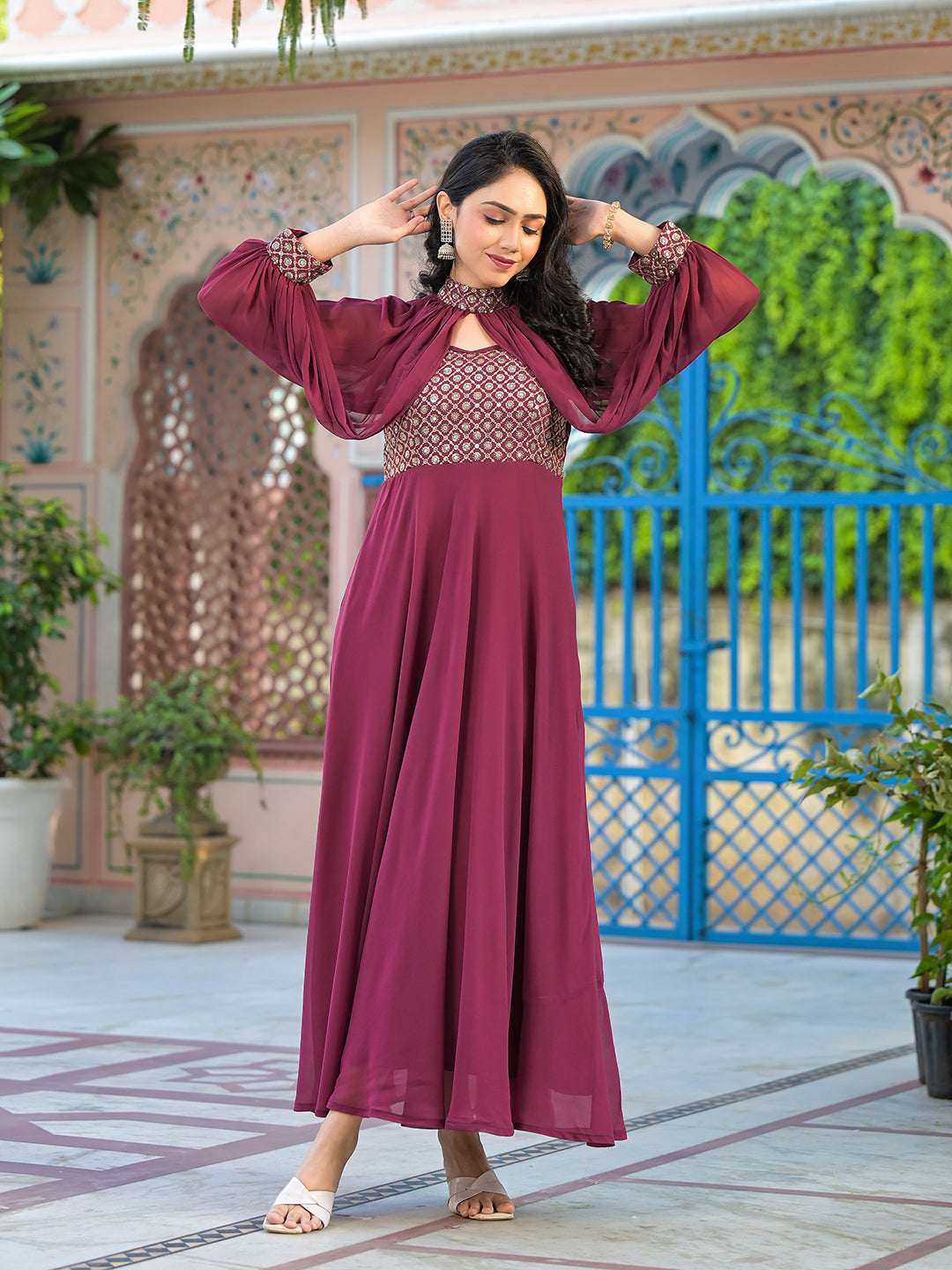 Wine Maxi Dress With Flared Sleeve - Elganza