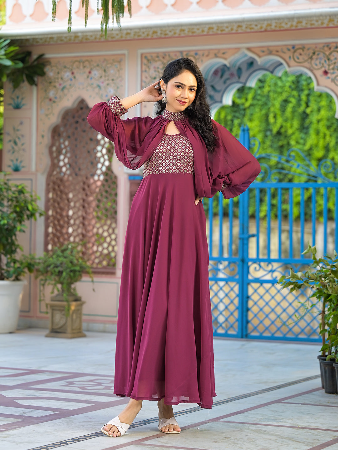 Wine Maxi Dress With Flared Sleeve - Elganza