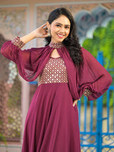 Wine Maxi Dress With Flared Sleeve - Elganza