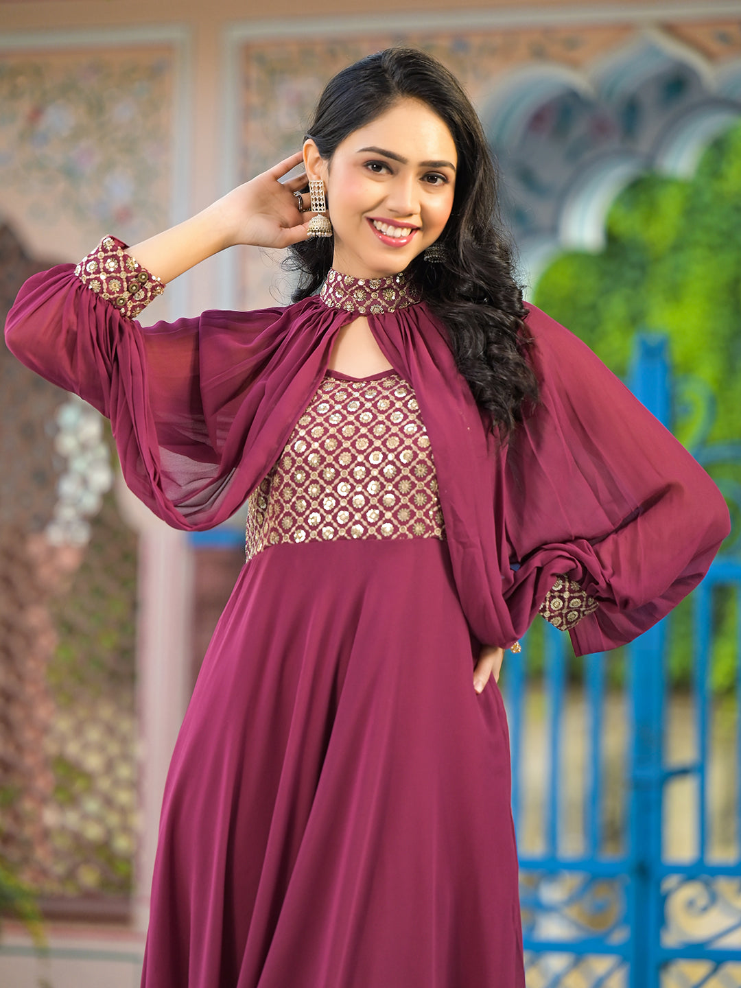 Wine Maxi Dress With Flared Sleeve - Elganza
