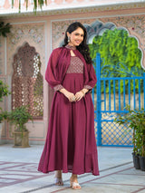 Wine Maxi Dress With Flared Sleeve - Elganza