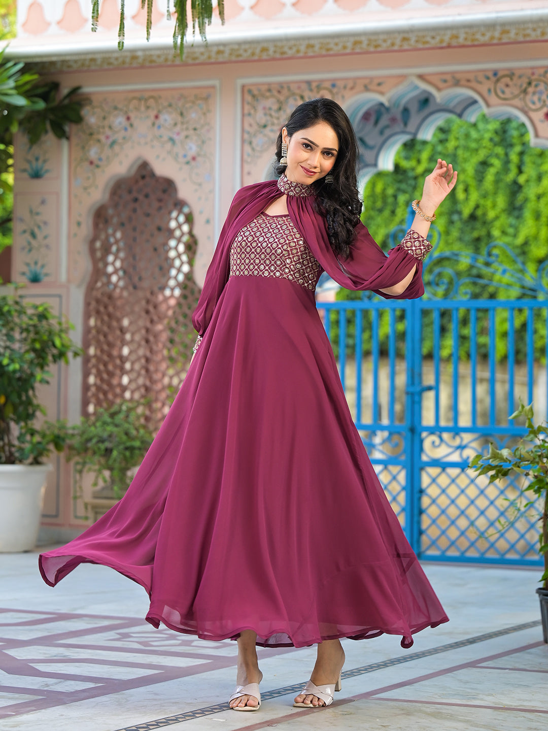 Wine Maxi Dress With Flared Sleeve - Elganza