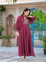 Wine Maxi Dress With Flared Sleeve - Elganza