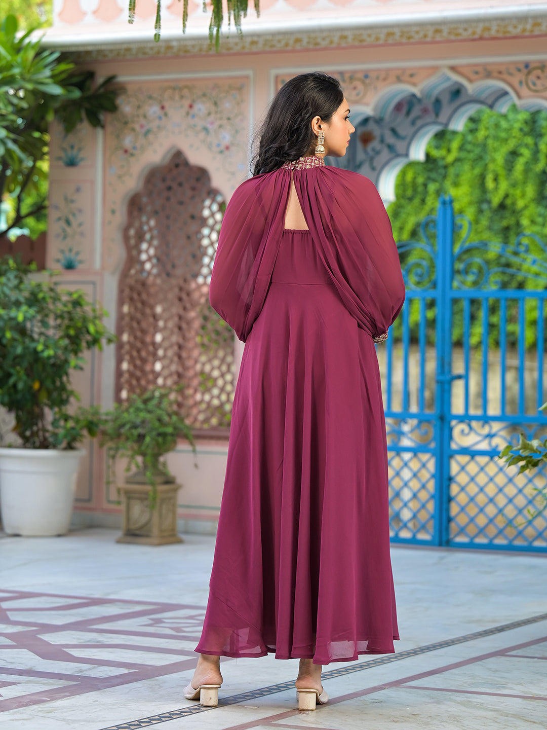 Wine Maxi Dress With Flared Sleeve - Elganza