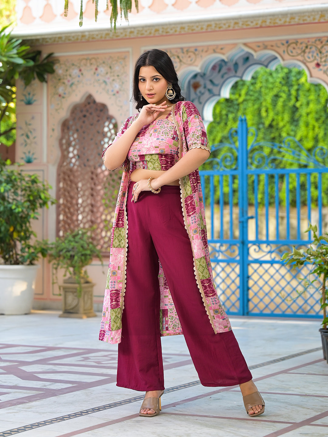 Wine Color Crop Top And Palazzo Set With Long Jacket - Elganza