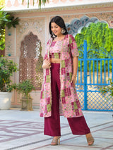 Wine Color Crop Top And Palazzo Set With Long Jacket - Elganza