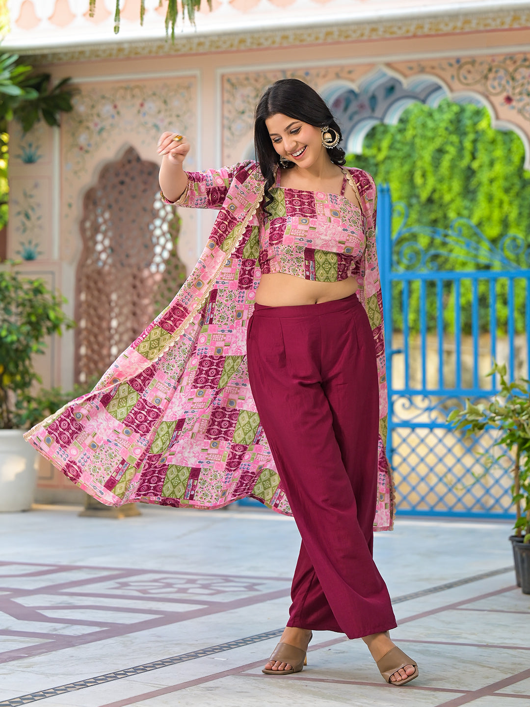 Wine Color Crop Top And Palazzo Set With Long Jacket - Elganza