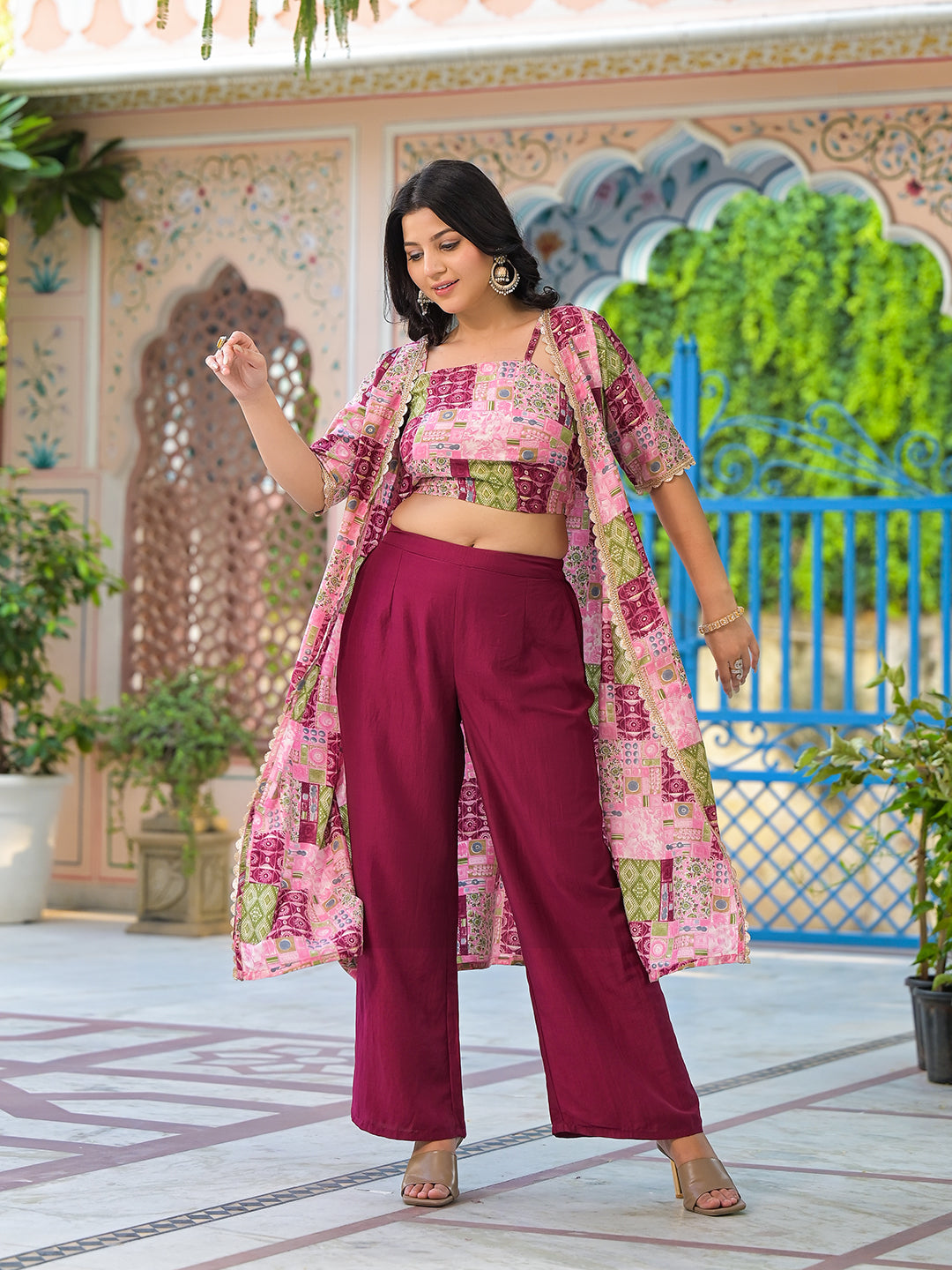 Wine Color Crop Top And Palazzo Set With Long Jacket - Elganza