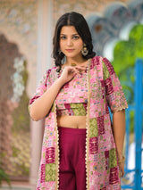Wine Color Crop Top And Palazzo Set With Long Jacket - Elganza