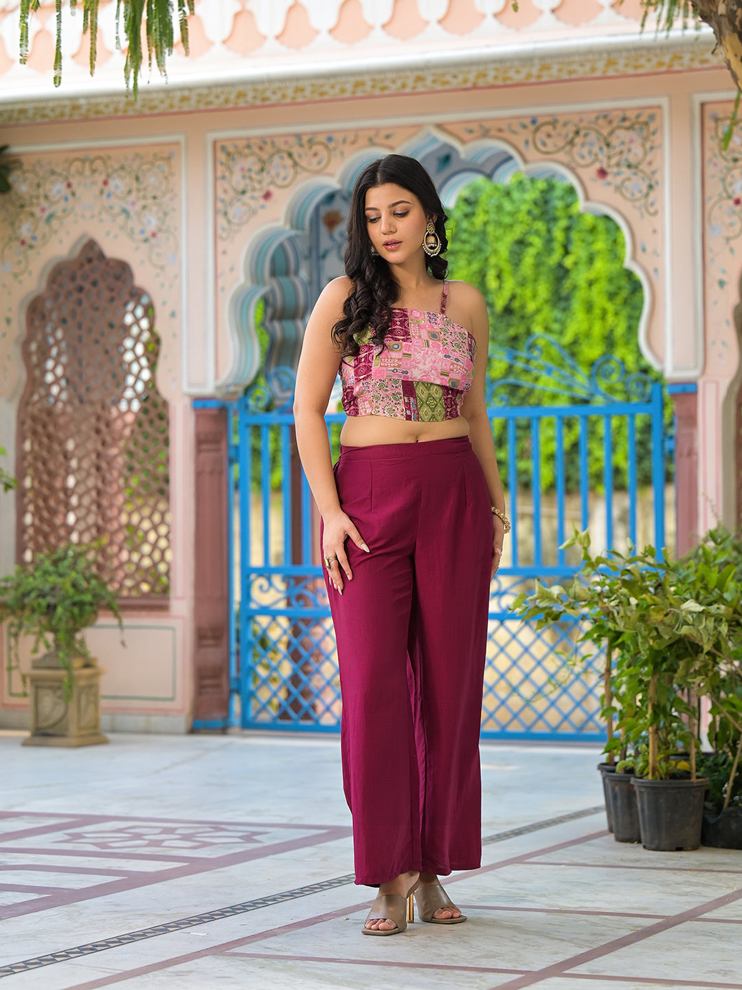Wine Color Crop Top And Palazzo Set With Long Jacket - Elganza