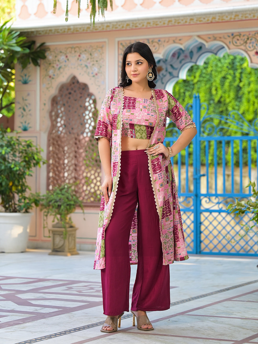 Wine Color Crop Top And Palazzo Set With Long Jacket - Elganza