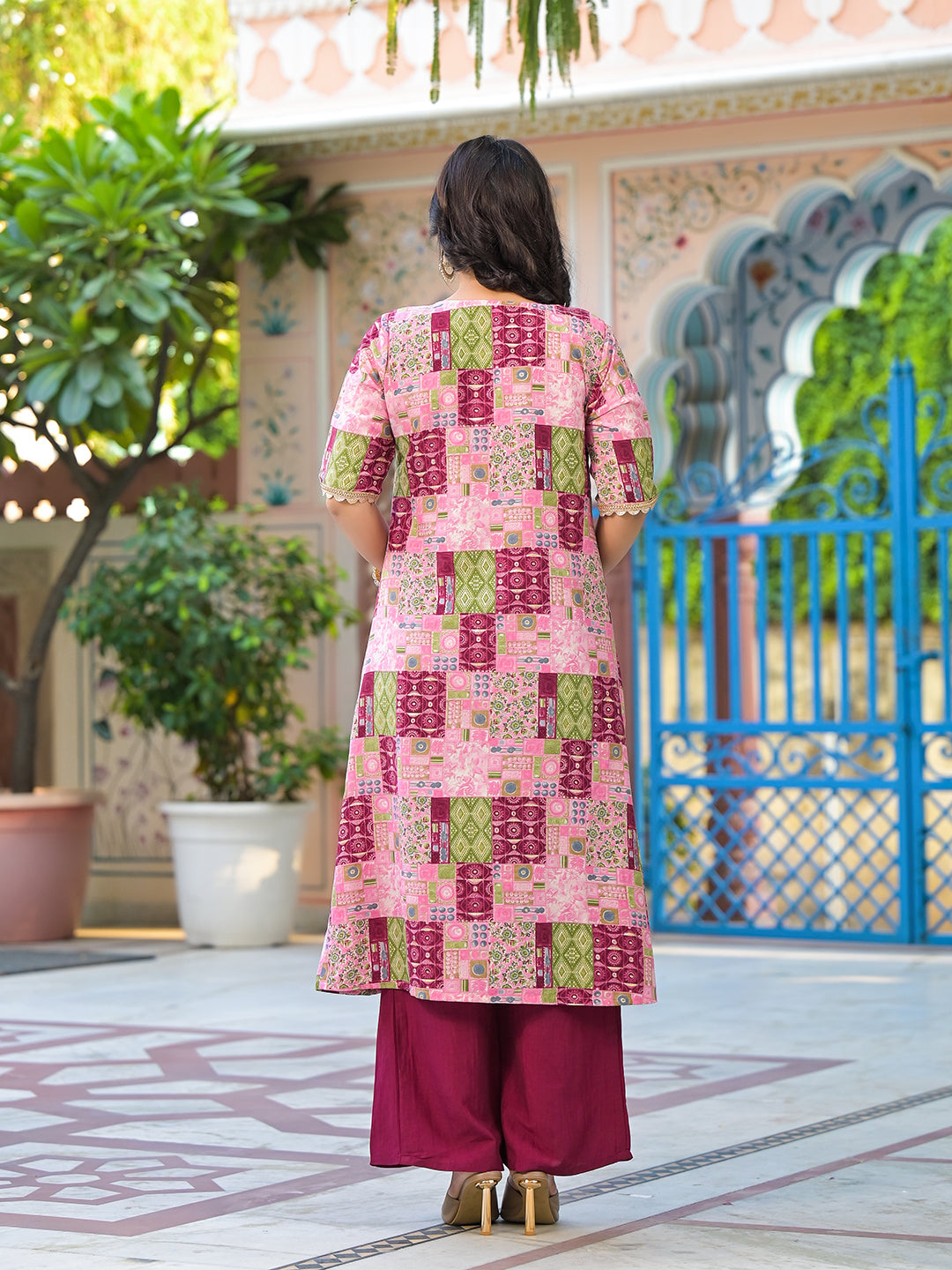 Wine Color Crop Top And Palazzo Set With Long Jacket - Elganza