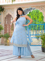 Powder Blue Sequinned Kurta Set With Dupatta - Elganza