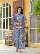 Turquoise Paisley Print Velvet Kurta Set With Digital Print Dupatta - Elganza