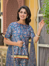 Turquoise Paisley Print Velvet Kurta Set With Digital Print Dupatta - Elganza
