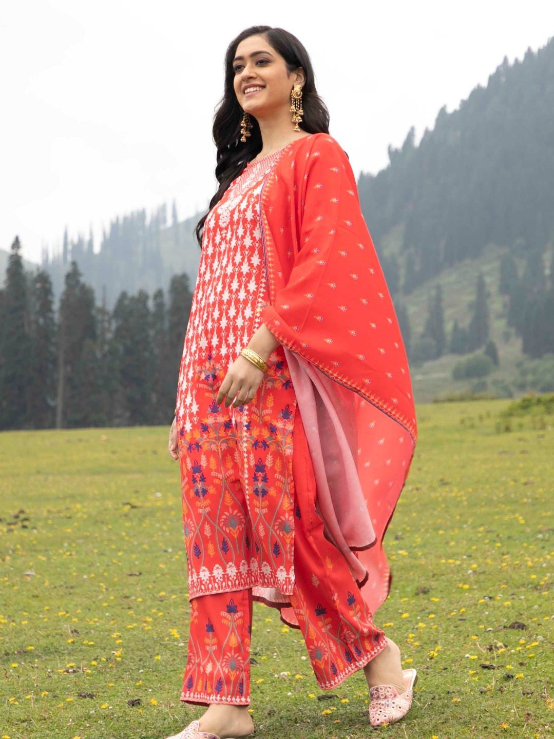 Red Digital Print Kurta Palazzo With Dupatta - Elganza
