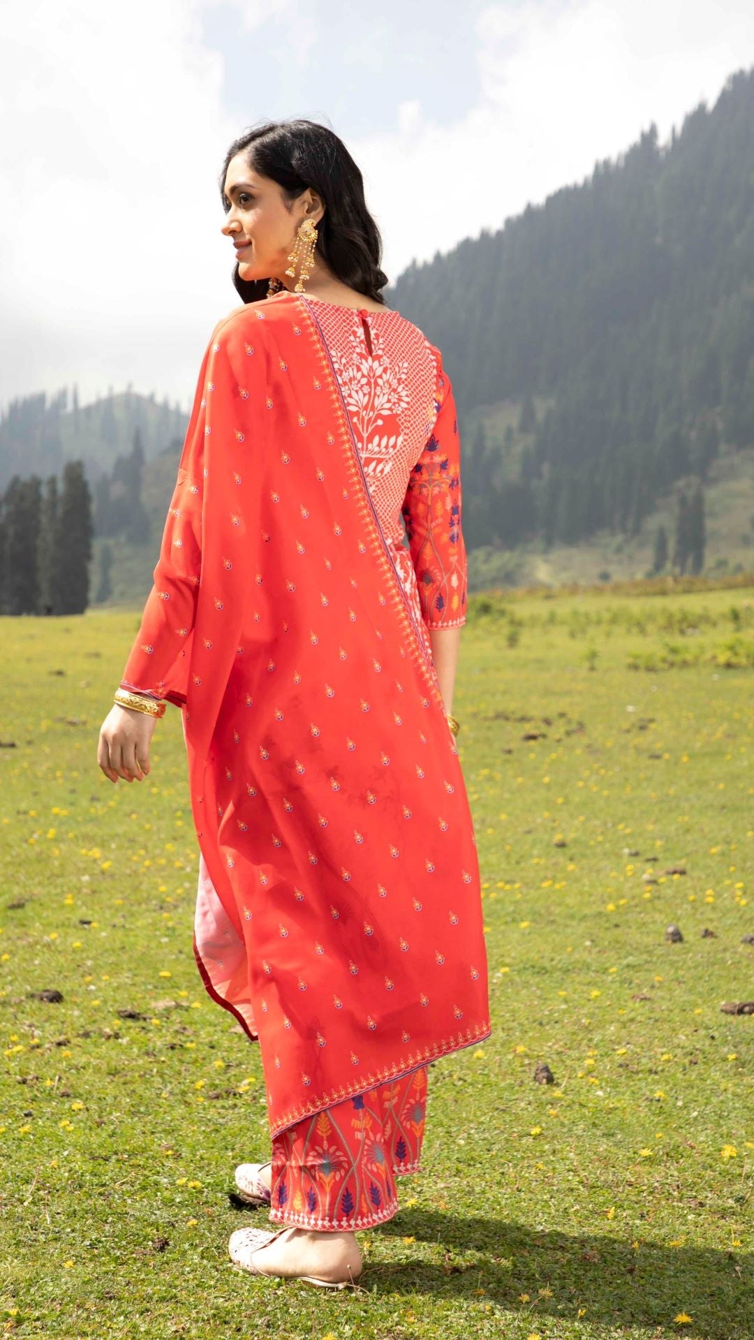 Red Digital Print Kurta Palazzo With Dupatta - Elganza