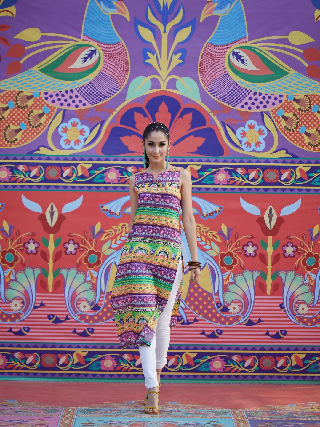 Purple & Yellow Printed Kurta - Elganza